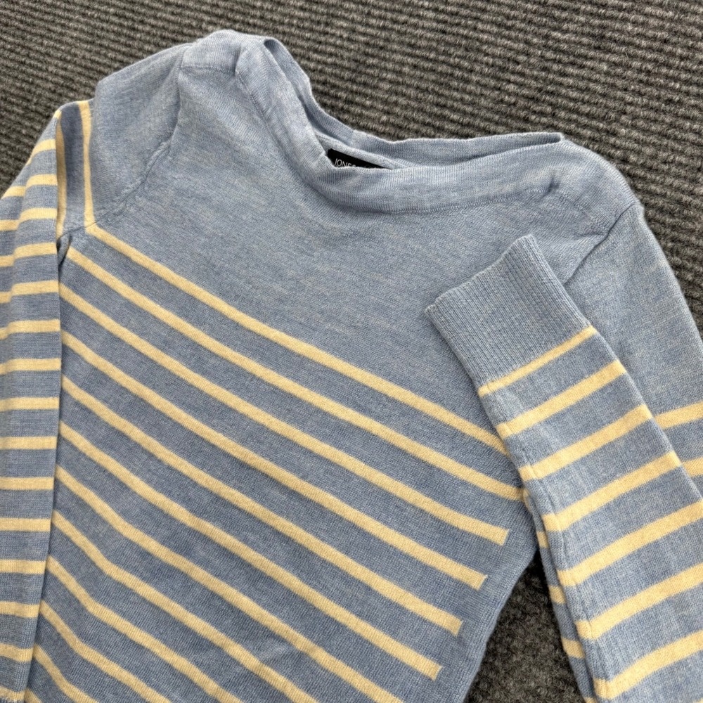 Jones New York Womens Medium Blue Striped Extra Fine Merino Wool Sweater